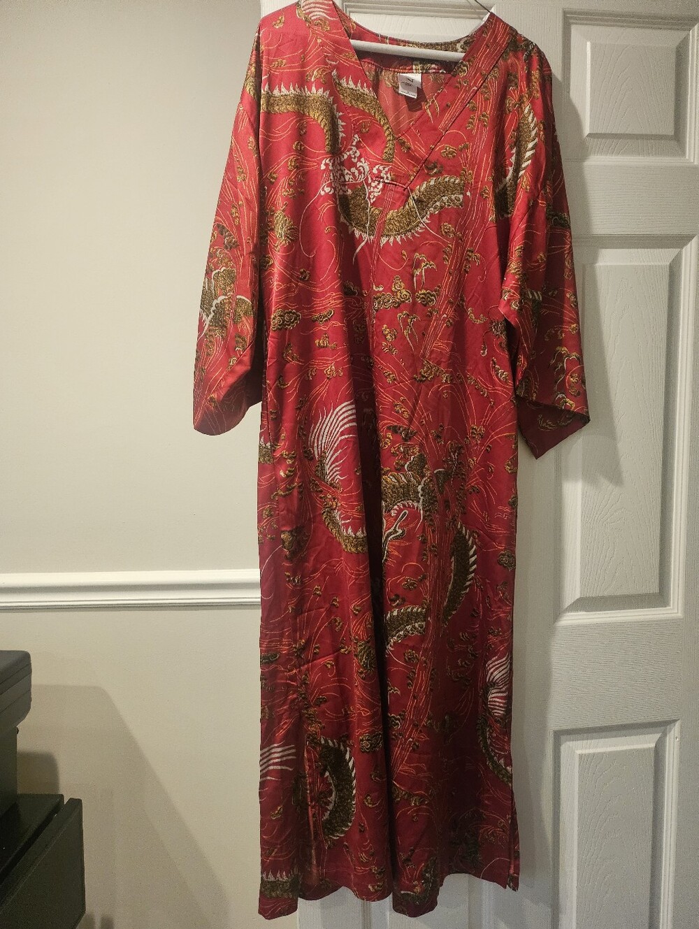 Natori Asian Kaftan Kimono Sleeve Satin Maxi Dress Muu Muu Loungewear Small